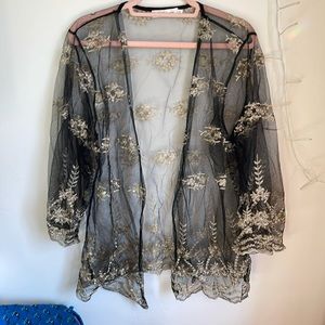 Share black with gold embroidery duster, vintage